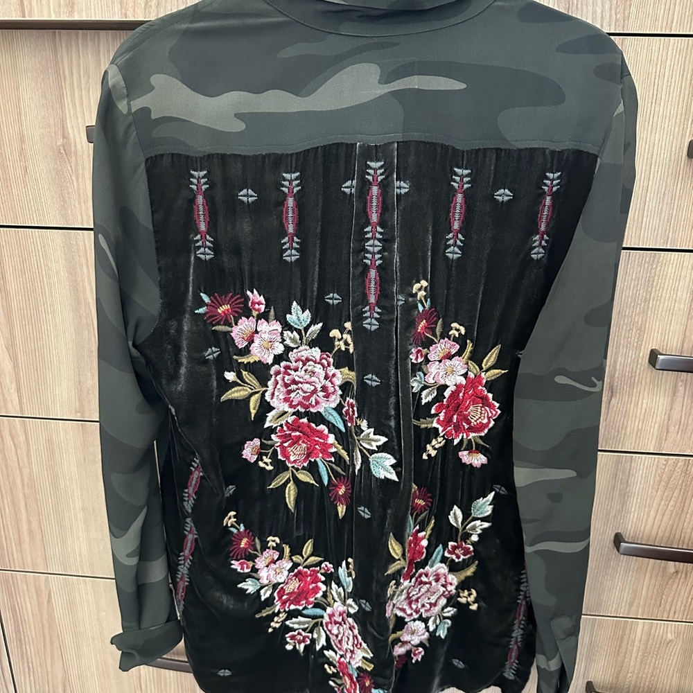 Johnny Was Green Camouflage Blouse